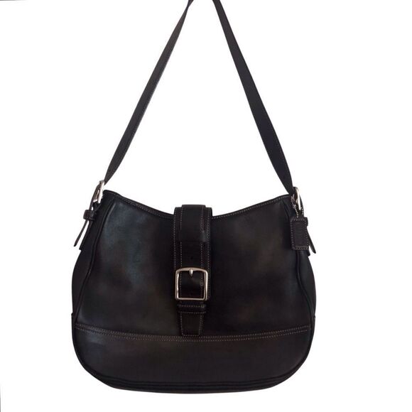 Vintage Coach Hampton Black Leather Buckle Flap Hobo Shoulder Bag #7583 - Picture 2 of 9